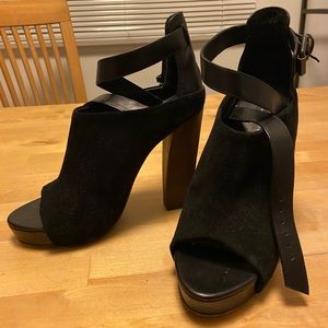 Black suede with leather strap chunky heels